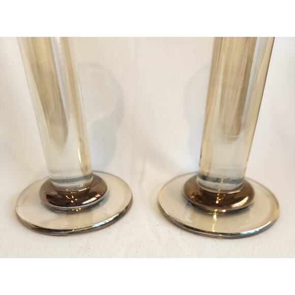 Vintage Krosno Poland Smoked Glass Copper Band Candlestick Holders Pair 7.5”tall - Picture 2 of 8